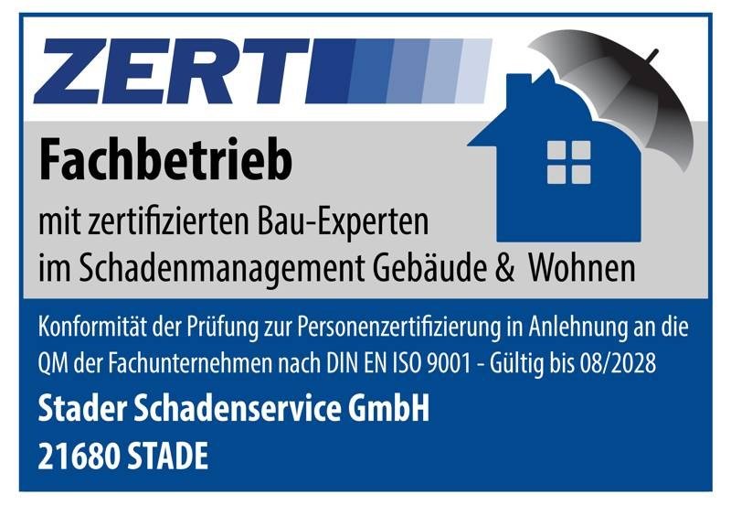 Signet: Fachbetrieb mit zertifizierten Bau-Experten im Schadenmanagement, Zertifizierung nach DIN EN ISO 9001, gültig bis 08/2028