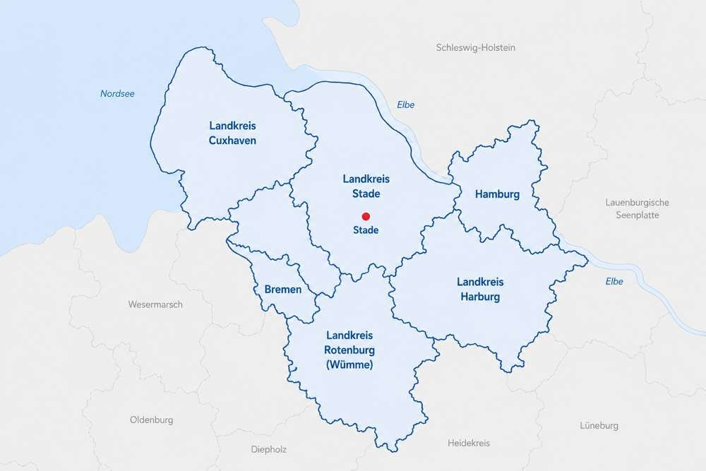 Einsatzgebiet für Wasserschadensanierung, Schimmelbeseitigung und Bautrocknung: Karte der Landkreise Stade, Cuxhaven, Rotenburg (Wümme), Harburg, Bremen und Hamburg