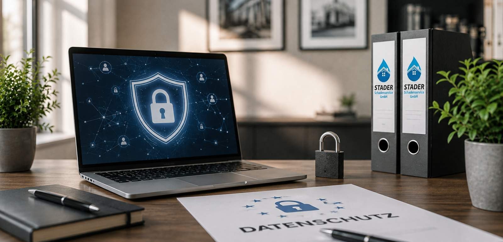 Laptop mit Sicherheitssymbol und Datenschutz-Dokument im Büro der Stader Schadenservice GmbH