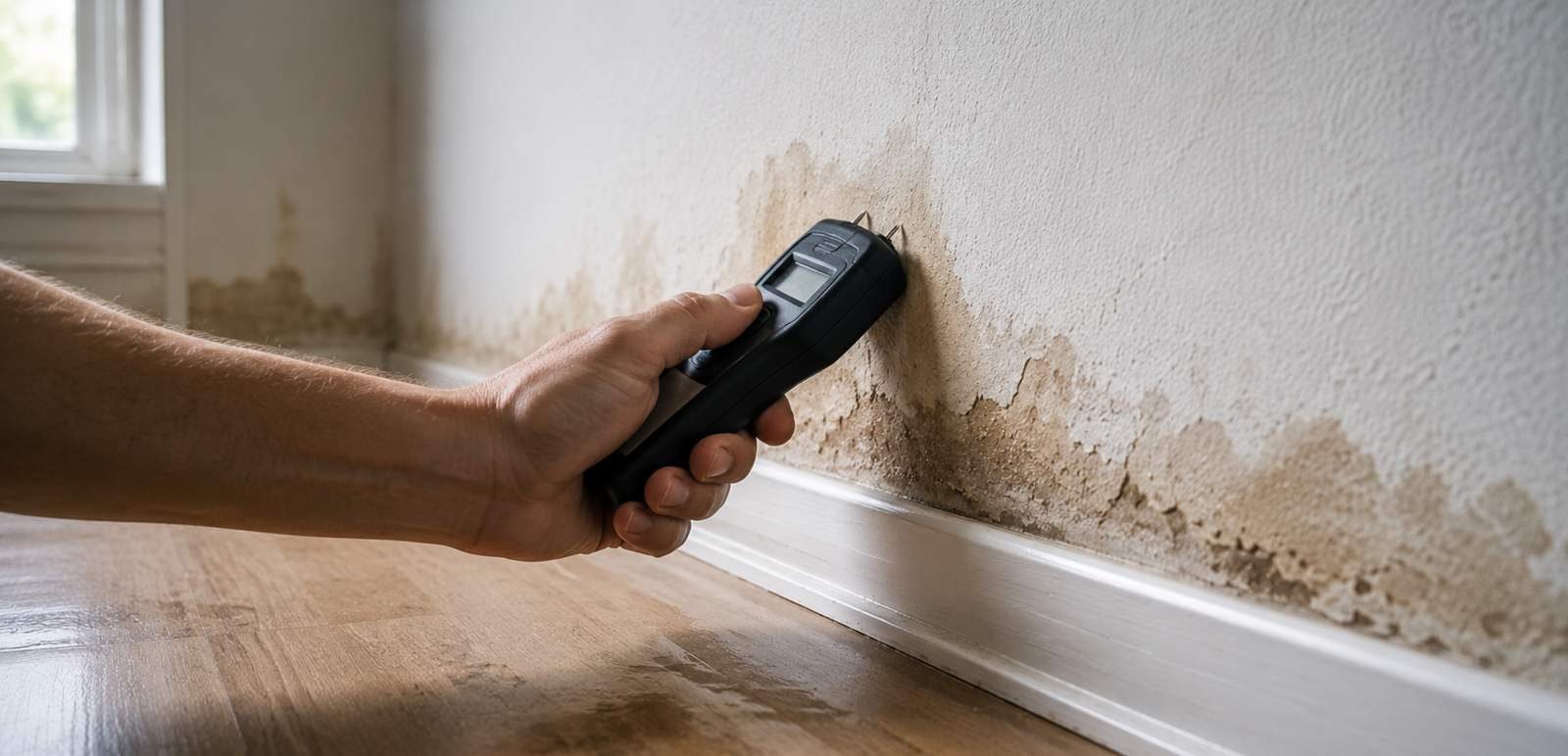 Feuchtemessung an einer Wand mit sichtbarem Wasserschaden durch die Stader Schadenservice GmbH