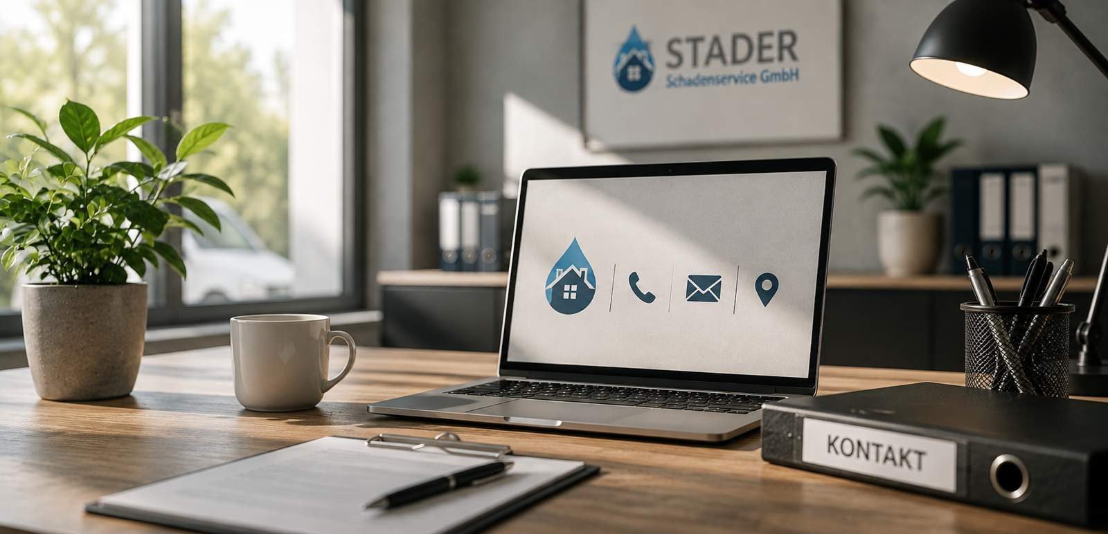Laptop mit Kontaktsymbolen im Büro der Stader Schadenservice GmbH