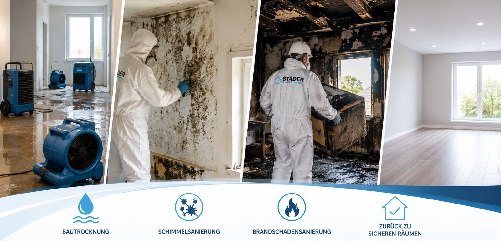 Referenzprojekte der Stader Schadenservice GmbH: Bautrocknung, Schimmelsanierung, Brandschadensanierung und fertig sanierte Räume