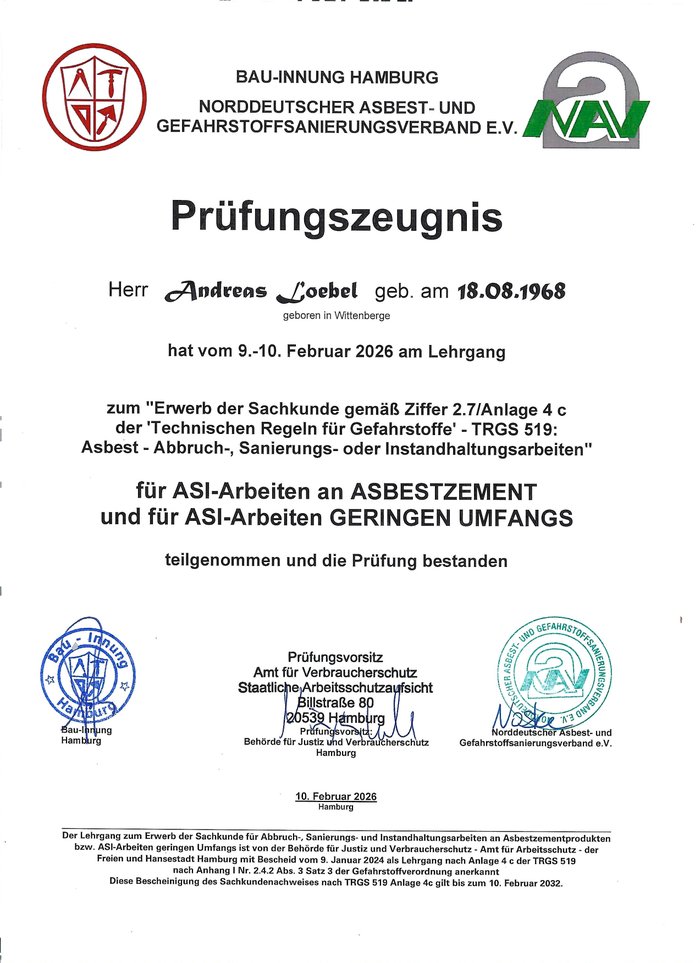 Vorschau: Prüfungszeugnis Asbestschein nach TRGS 519