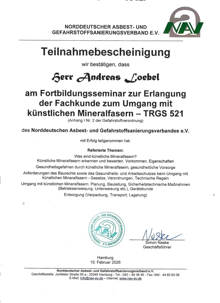 Vorschau: Teilnahmebescheinigung Fachkunde künstliche Mineralfasern TRGS 521