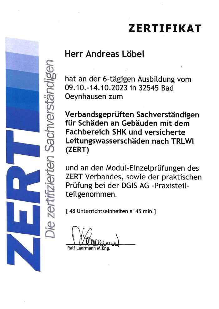 Vorschau: Zertifikat und Urkunde zur Sachverständigenausbildung